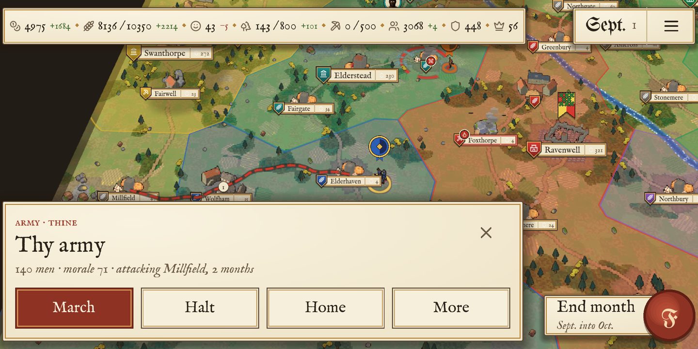 The realm map, an army marching on a village