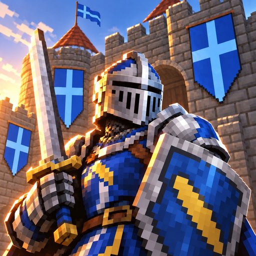 A knight in his great helm, sword raised, before a castle
